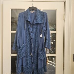 Pretty Angel Denim Blue Trench Coat with Lace Accents